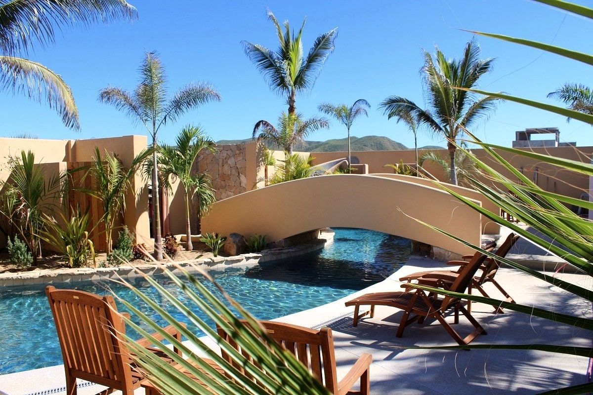 The outdoor pool bordered by palm trees, with the beach a few steps beyond